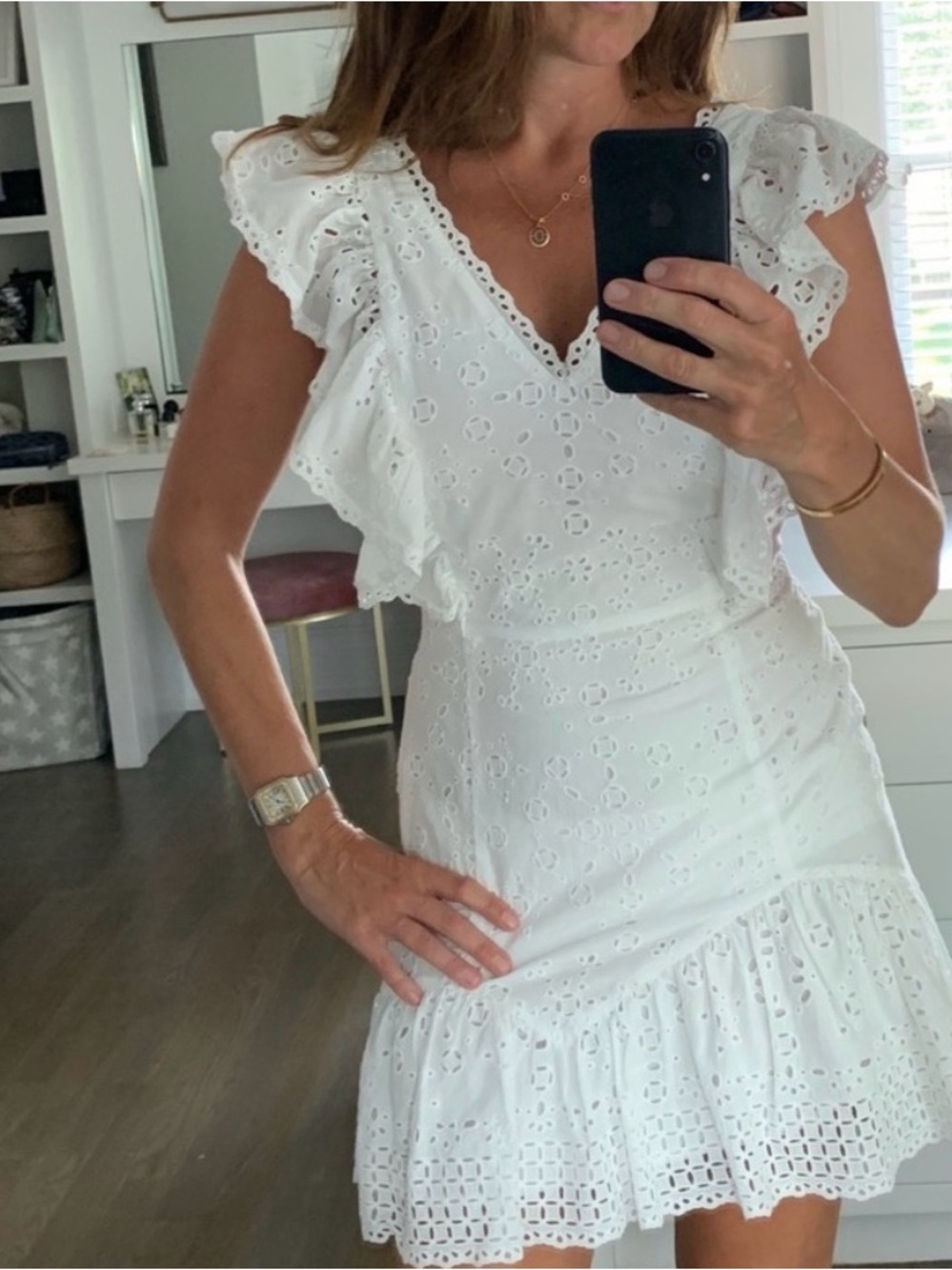 LoveShackFancy White Eyelet Ruffle Mini Dress